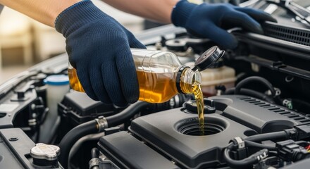 Obraz premium Mechanic pouring oil into car engine for maintenance and repair in auto workshop