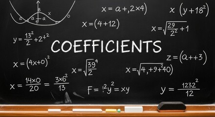 Mathematical formulas and coefficients on a chalkboard for education and learning concepts