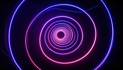 Mesmerizing abstract illustration showcases a series of concentric neon light rings in vibrant purple and pink hues against a dark background.