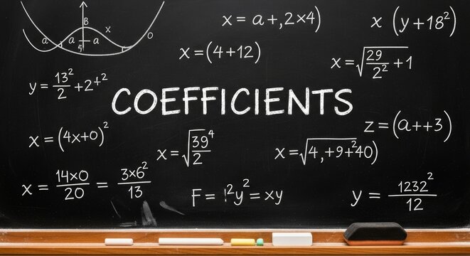 Mathematical formulas and coefficients on a chalkboard for education and learning concepts