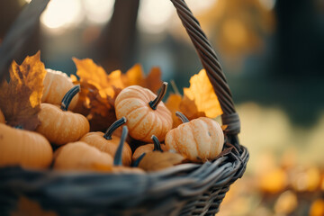 Rustic autumn basket filled with decorative pumpkins and fall leaves. Cozy seasonal decor for Thanksgiving, harvest, or autumn-themed design.
