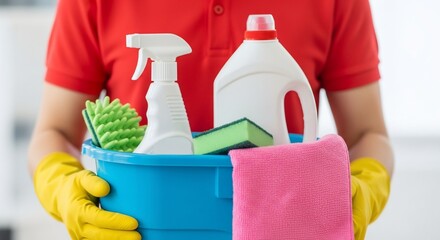 Get sparkling results with a cleaning professional holding essential supplies for home or office use, ready to deliver spotless service and hygiene