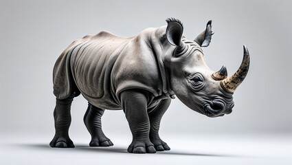 Fototapeta premium Full-length rhino calf in standing pose with stub horn and thick limbs, isolated on white