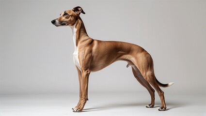 Full-length whippet dog standing in profile, smooth coat and body visible on white