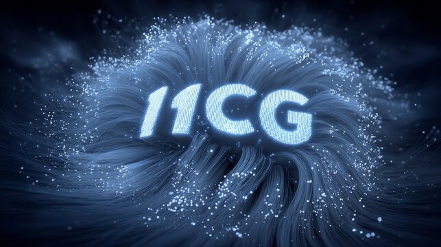 Futuristic abstract technology background with glowing fiber optics and 11CG text effect