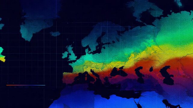 European continent depicted with temperature gradients and color coding