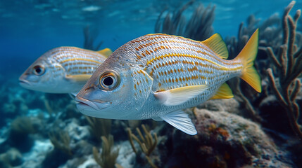 Fototapeta premium Fishes with yellow tail swimming underwater below the surface of the water in sea.