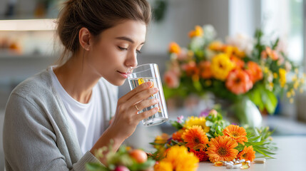 Woman taking vitamins and drinking water at kitchen counter, morning routine, bright light, wellness habit, supplement routine, daily health, morning hydration, healthy lifestyle, 