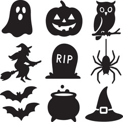 Collection of black Halloween silhouettes on white background