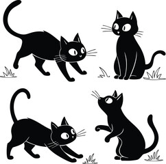 Four playful black cats in different cartoon poses.