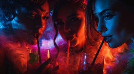 Thrilling night of costumes and cocktails. Neon poster. Eccentric halloween costume party with themed cocktails. Abstract neon. Art direction.