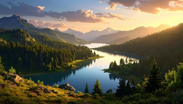 Majestic alpine landscape showcases a serene lake surrounded by lush evergreen forests, illuminated by golden sunlight and a picturesque sunset, creating a tranquil and idyllic natural environment,...