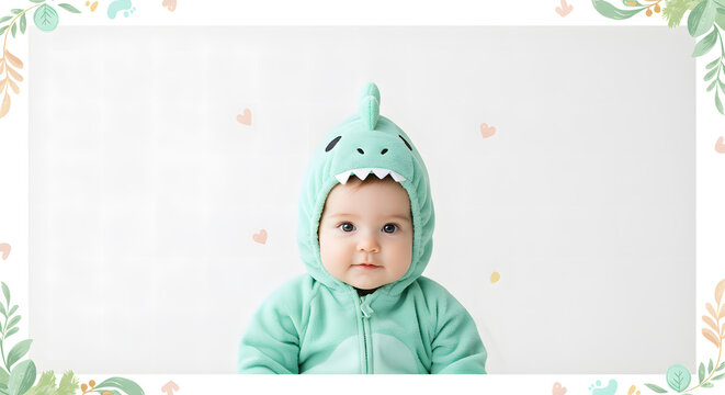 Baby dressed as a friendly dinosaur, sitting contentedly with a clean white background and decorative leaves and footprints for a playful touch