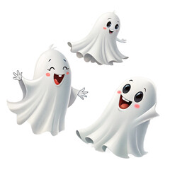 Three cute cartoon ghosts with happy expressions isolated on transparent background