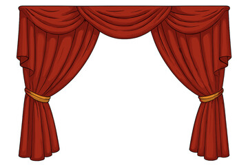 Red Velvet Theatre Curtains Frame with Decorative Drapes, Opera Stage Cloth, Classic Cartoon Illustration with Transparent Background for Performance Design