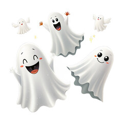 Cute cartoon ghosts with happy expressions isolated on transparent background