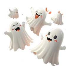 Cute cartoon ghosts celebrating halloween with happy expressions isolated on transparent background