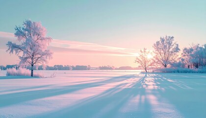 Picturesque winter scenery presents a frosted landscape bathed in soft pastel hues, with trees delicately coated in snow and casting long shadows across the pristine, white expanse.