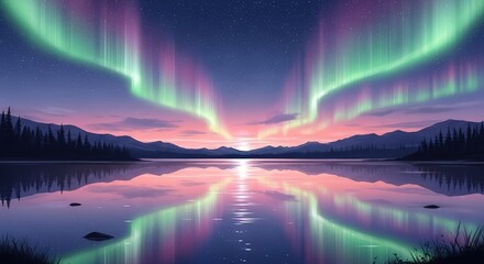 Symmetrical Auroras Embrace: Vibrant Green and Purple Lights Mirrored on a Tranquil Lake.