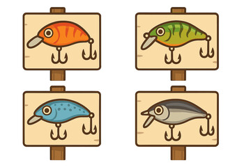 Fishing Wobbler Lure Icons Collection. Colorful Fishing Equipment Symbols, Cartoon Vector Illustration Set with Transparent Background, Artificial Baits for Freshwater and Saltwater Fishing