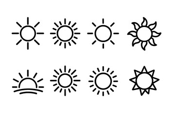 Sun icon set vector collection. Sunshine outline symbols for a weather app. Simple line art sunbeam illustration for summer design. Sunrise, sunset pictogram pack for web design.