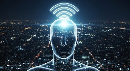 Futuristic mind connecting with global network, symbolizing AI, data, and future technology with vibrant city lights background