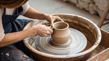 female potter makes vase on pottery wheel