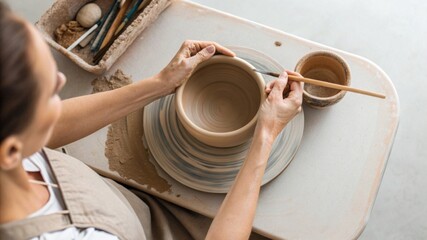 female potter makes vase on pottery wheel