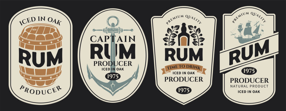 Vector set labels for a bottle of rum on an old paper background. With a barrel, ship, anchor, corkscrew, laurel wreath. Logo in vintage style. Coaster. AI is not used