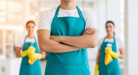 Professional cleaning team stands confidently ready to deliver pristine results, ensuring a spotless environment for your business or home.