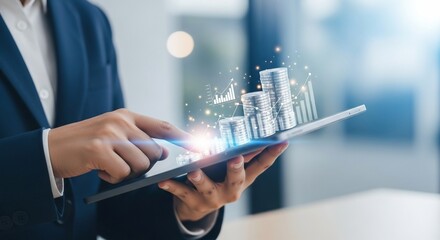Confident professional analyzes financial growth charts and stacked coins on a tablet, visualizing future investment success and economic prosperity.