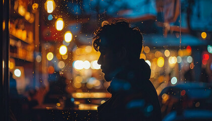 A Thoughtful Man Standing by a Rainy Café Window Illuminated by Warm Bokeh City Lights at Dusk