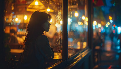 A Woman Gazing Through a Rain-Streaked Café Window under Ambient City Lights on a Quiet Evening