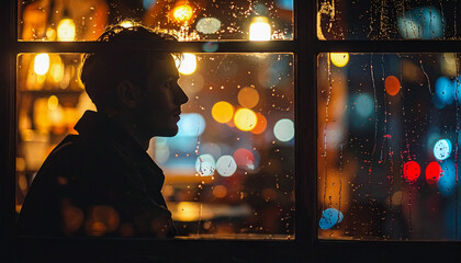 A Man Sitting Alone by a Wet Café Window with Colorful Reflections of City Lights at Night