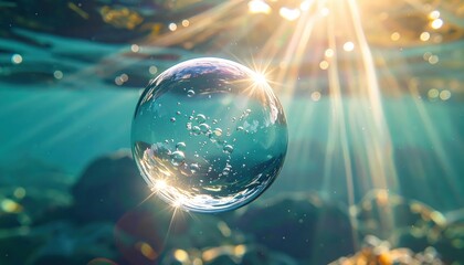 Transparent sphere filled with air bubbles floats underwater, illuminated by radiant sunlight filtering through the surface, creating a mesmerizing and aquatic atmosphere.