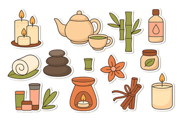 Spa salon sticker set flat design. Cute cartoon elements for wellness and relaxation. Vector bundle with candle, tea, bamboo, stone, aromatherapy, cosmetics for beauty.