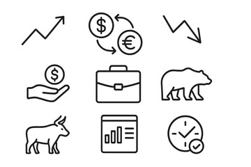 Stock market trading line icon set. Finance, investment, and currency exchange symbols. Includes bull, bear, growth and decline charts, and business portfolio pictogram.