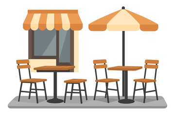 Street cafe patio flat vector illustration. Outdoor restaurant furniture. Sidewalk coffee shop with table, chair and umbrella. Summer bistro exterior with wooden furniture.