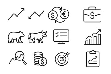 Stock market thin line icons set. Finance, trading, investment concepts. Pictograms of bull, bear, growth chart, portfolio, currency exchange, analysis for web and apps.