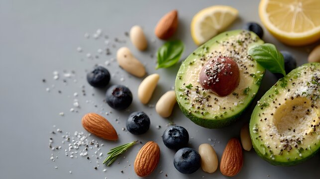 Healthy food composition with fresh avocado halves nuts and blueberries.