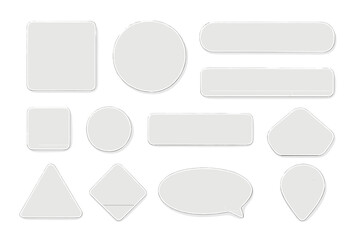Transparent glass design elements mega set. Flat graphic shapes collection: square, round, rectangle, triangle, diamond. Modern shiny plastic templates for UI and creative projects.