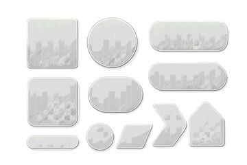 Transparent glass button set. Glossy plastic frames collection. Frosted glass effect UI elements for web design. Acrylic shapes, banners, icons and templates vector pack.