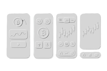 Cryptocurrency mobile app UI elements, mining and exchange, stock trading GUI, neumorphic design, UX kit for crypto management, digital currency interface, trading charts, buttons