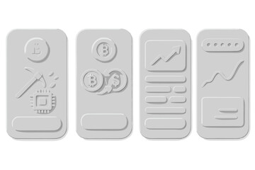 Cryptocurrency mobile app UI UX design kit for fintech. GUI templates for crypto mining, bitcoin exchange, stock trading. Unique neumorphic interface elements for finance management.