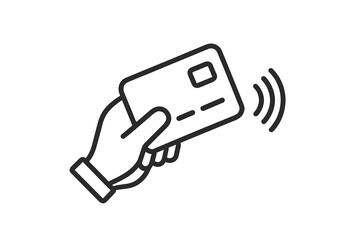 Hand holding credit card for contactless payment. Tap to pay concept with NFC technology. Wireless transaction and purchase icon. Financial and banking vector illustration symbol.
