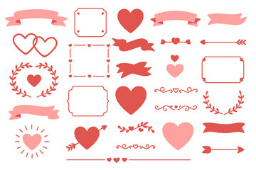 Valentine's Day romantic elements mega set. Flat design bundle of decorative banners, ribbons, labels, border frames, dividers, hearts, and arrows for love decoration vector.