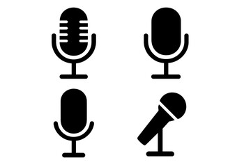 Microphone vector icon set for podcast, voice, and sound recording. Audio mic silhouette symbols for radio, studio, broadcast, web, and interview. Music logo collection.