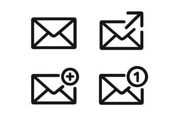 Email vector icon set. Mail message symbol collection. New, send, and notification icons. Web contact button. Outline simple illustration for app ui ux interface design.