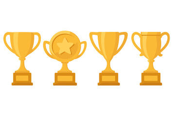 Golden trophy cup set. Flat icon collection. Winner prize for championship. Gold award for victory and success. First place achievement symbol. Vector illustration isolated.