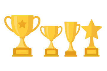 Golden trophy cup award vector set. Flat icon illustration for winner, success, and achievement. First place prize for championship competition. Gold star reward symbol concept.